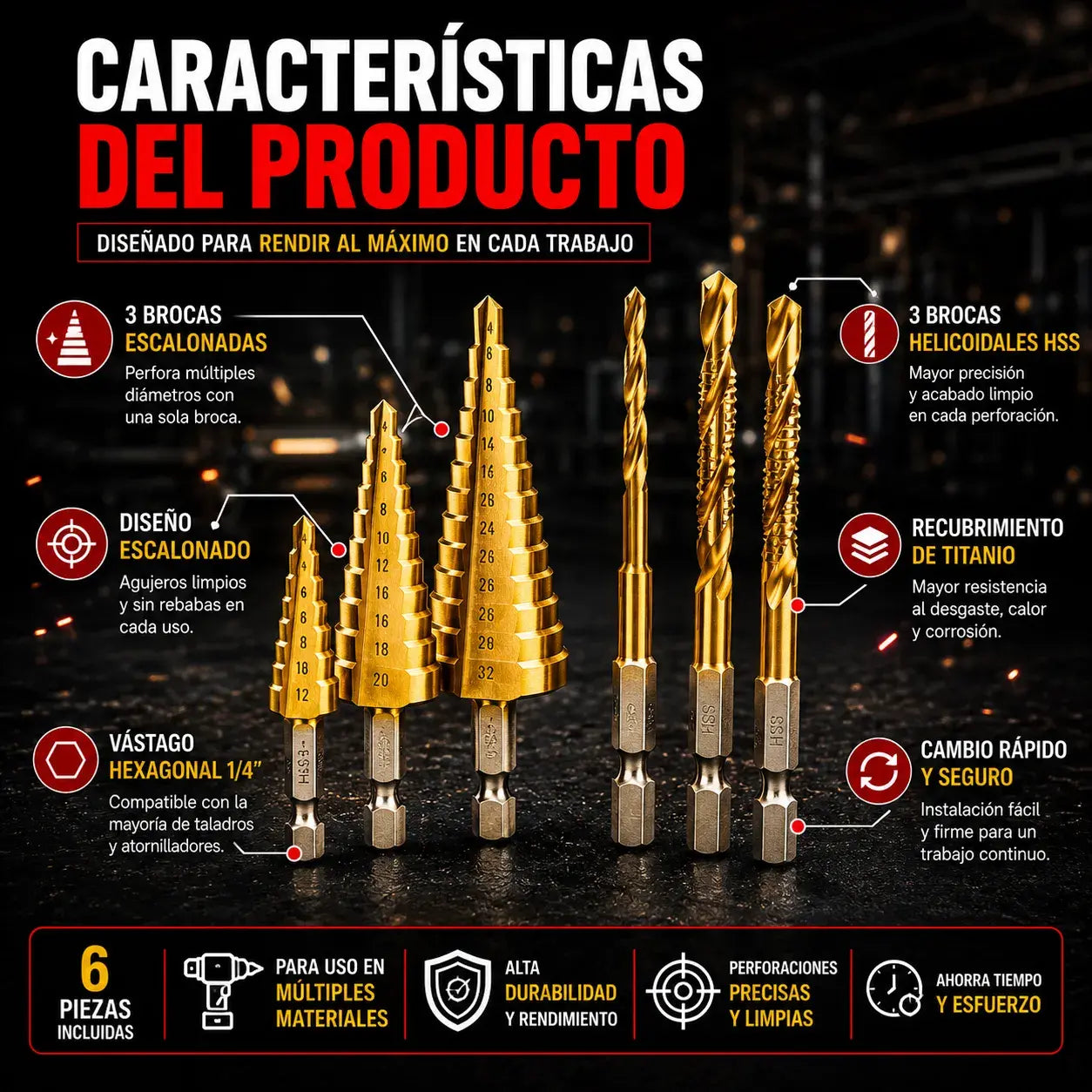 Brocas Escalonadas de Titanio X6 | Perfora Metal, Madera y PVC
