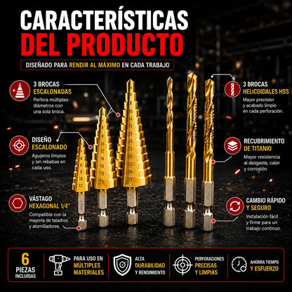 Brocas Escalonadas de Titanio X6 | Perfora Metal, Madera y PVC