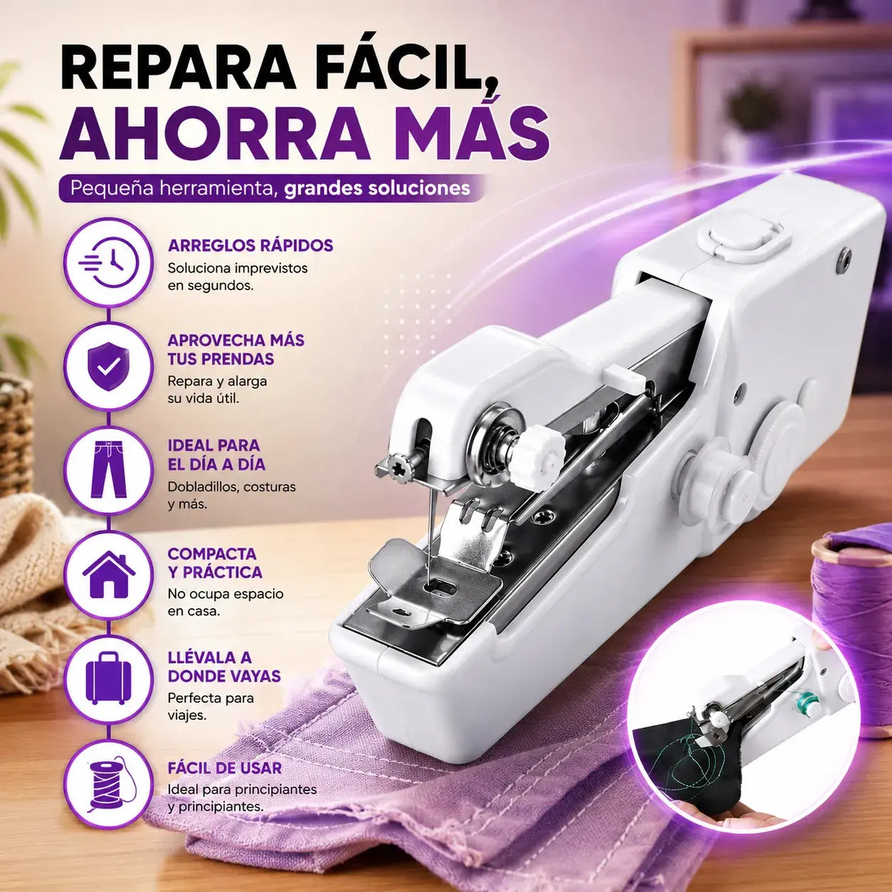 Máquina de Coser Portátil para Arreglar Ropa en Minutos