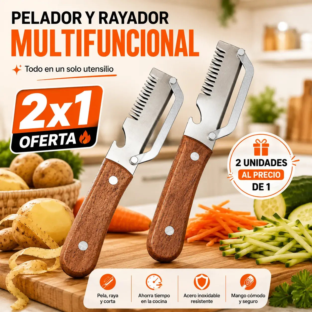 Pelador Multifuncional de Cocina | Pela, Raya y Corta | 2X1