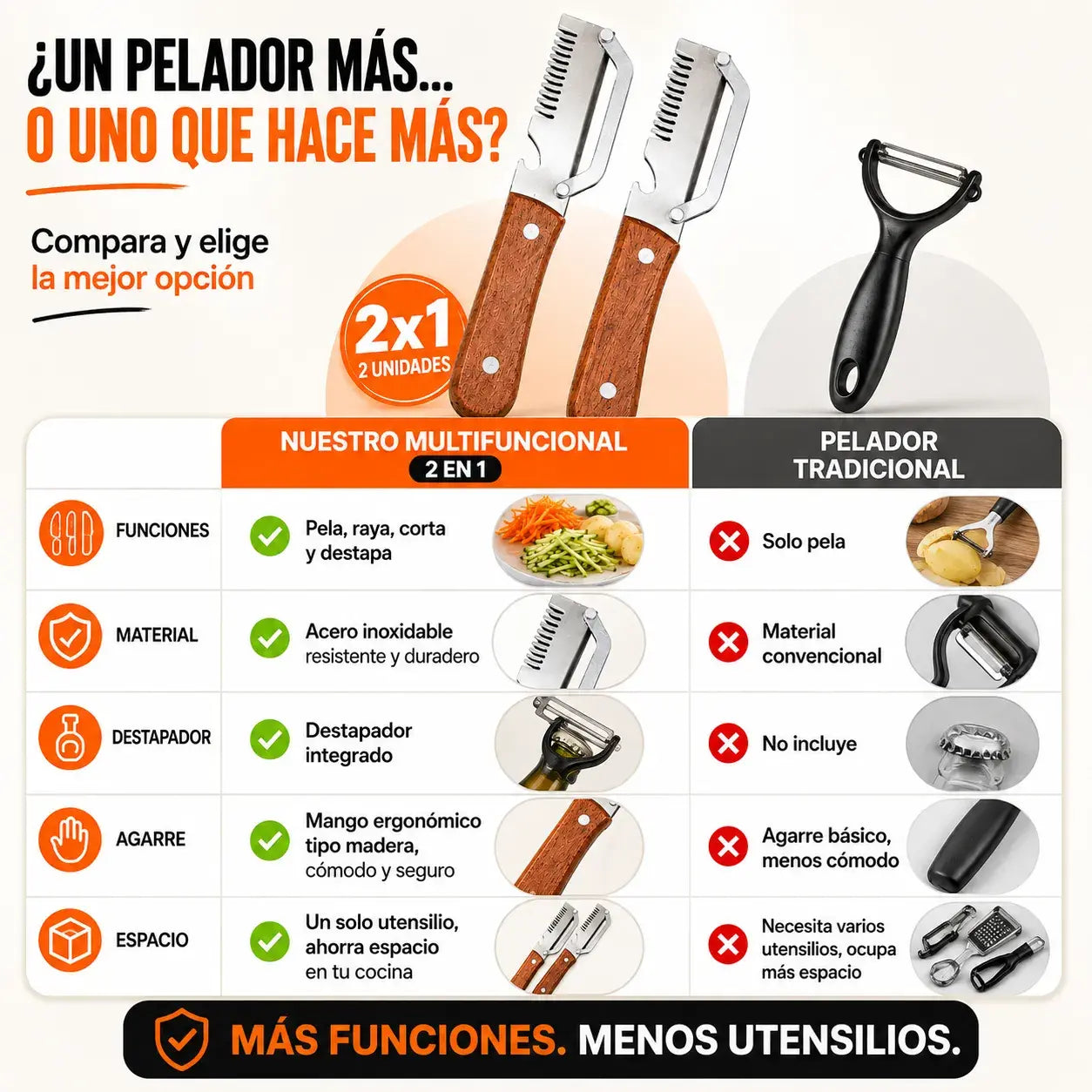 Pelador Multifuncional de Cocina | Pela, Raya y Corta | 2X1